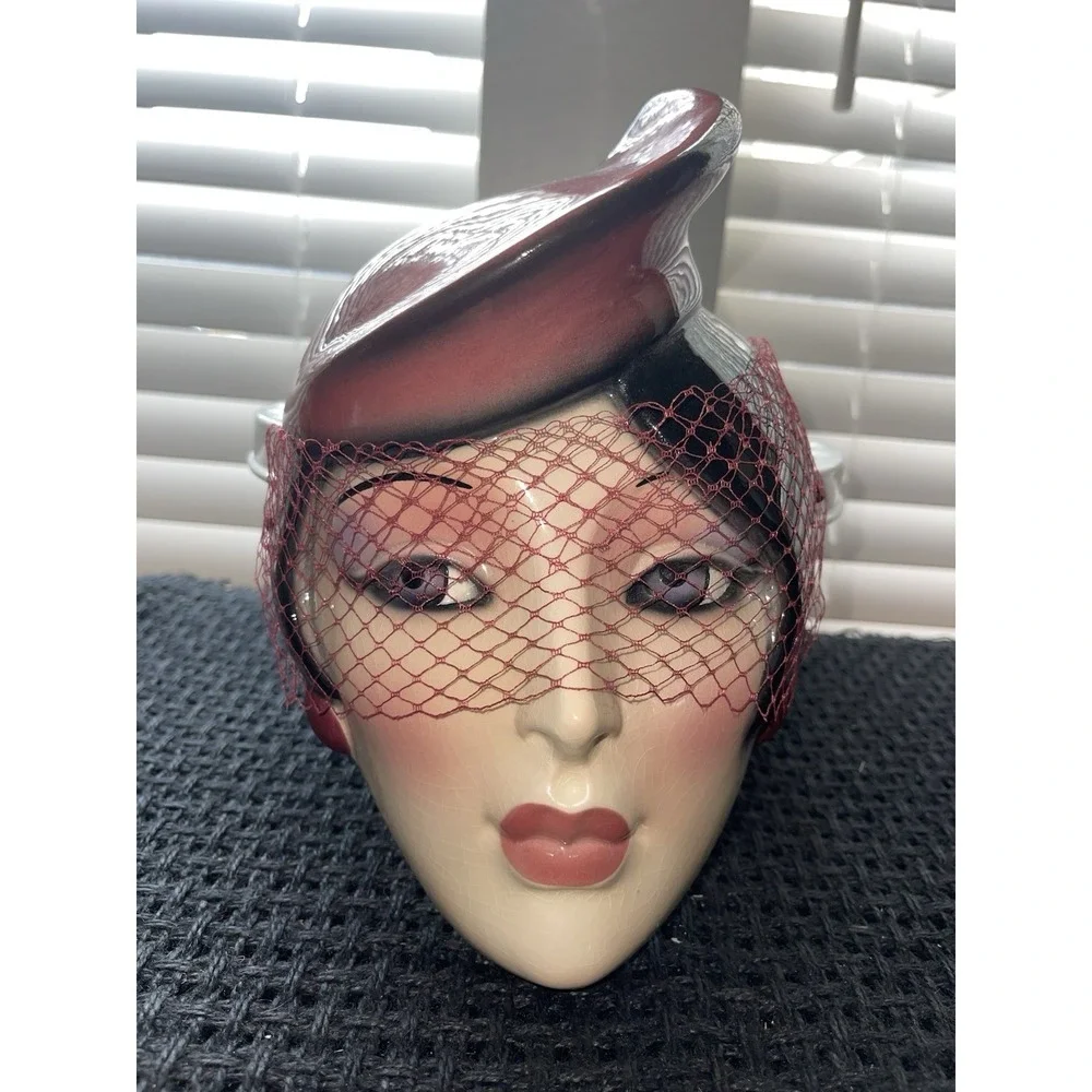 Vintage Clay Art 1980's Mask Woman w/Burgundy Veil‎ Hat Art Deco